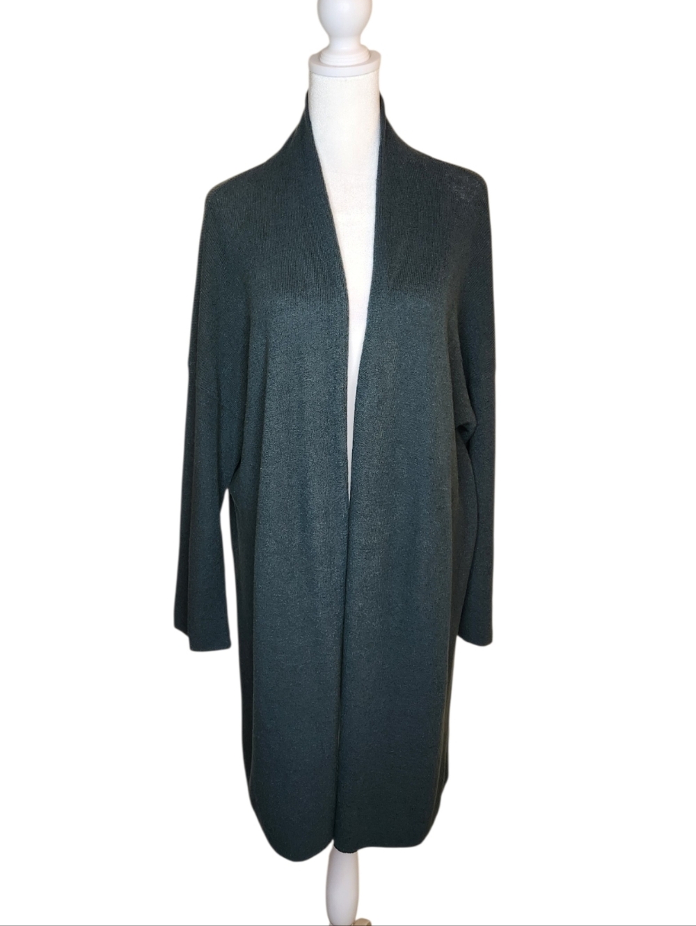 Eileen Fisher Linen Blend Ribbed Long Line Open Cardigan Green Size Medium
